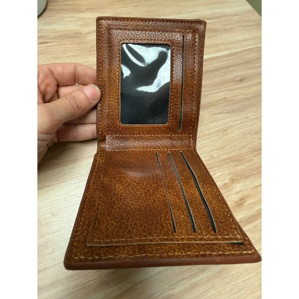 Grenobil Mens Bifold Wallet Cognac Brown Textured Quilted PVC ID Window Zip